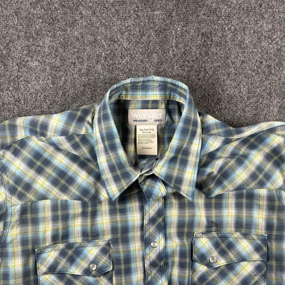 Wrangler Shirt Mens XL Blue Yellow Western Pearl Snap Short Sleeve Wrancher